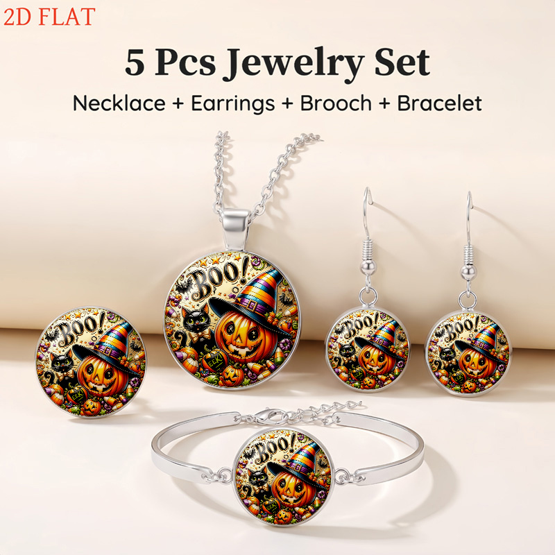 5pc Halloween Black Cat & Jack-O-Lantern Jewelry Set